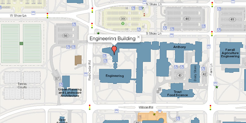 Map of the Engineering Building. The image links to the MSU Interactive Map